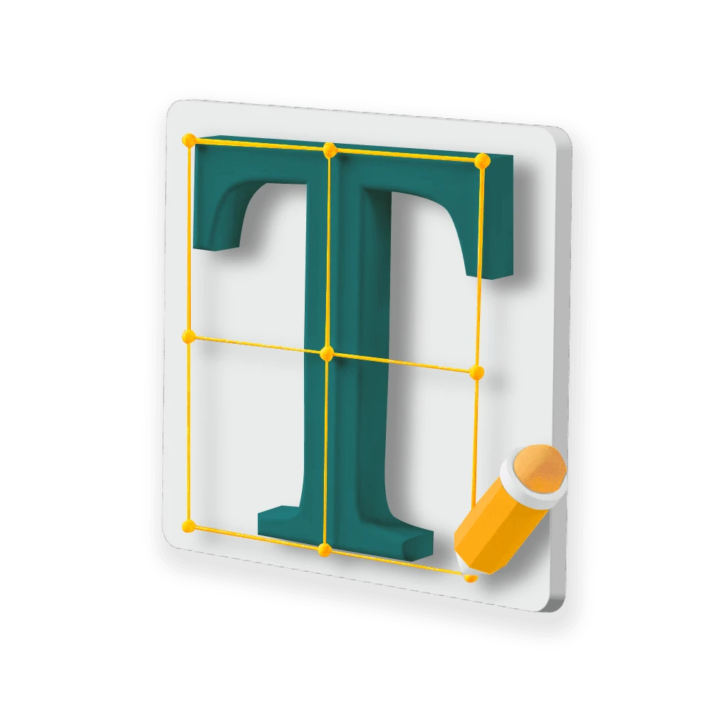 Graphic of the letter 'T' in a three-dimensional style, outlined with a dotted grid. A yellow pencil icon is next to the letter, suggesting design or editing functionality.